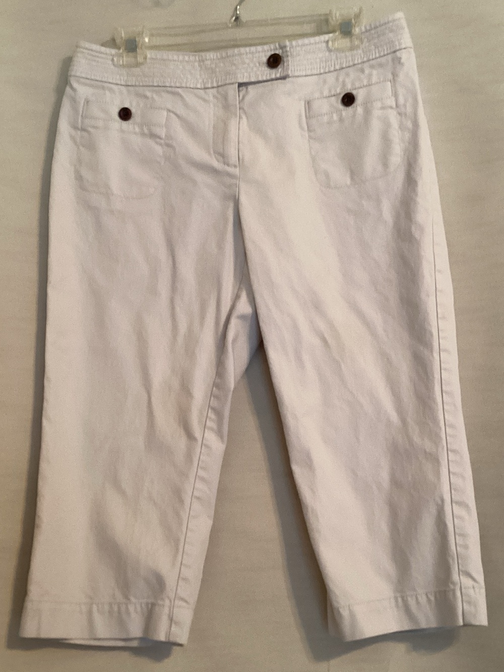 Talbots White Straight-Leg Capri Pants with Brown Buttons